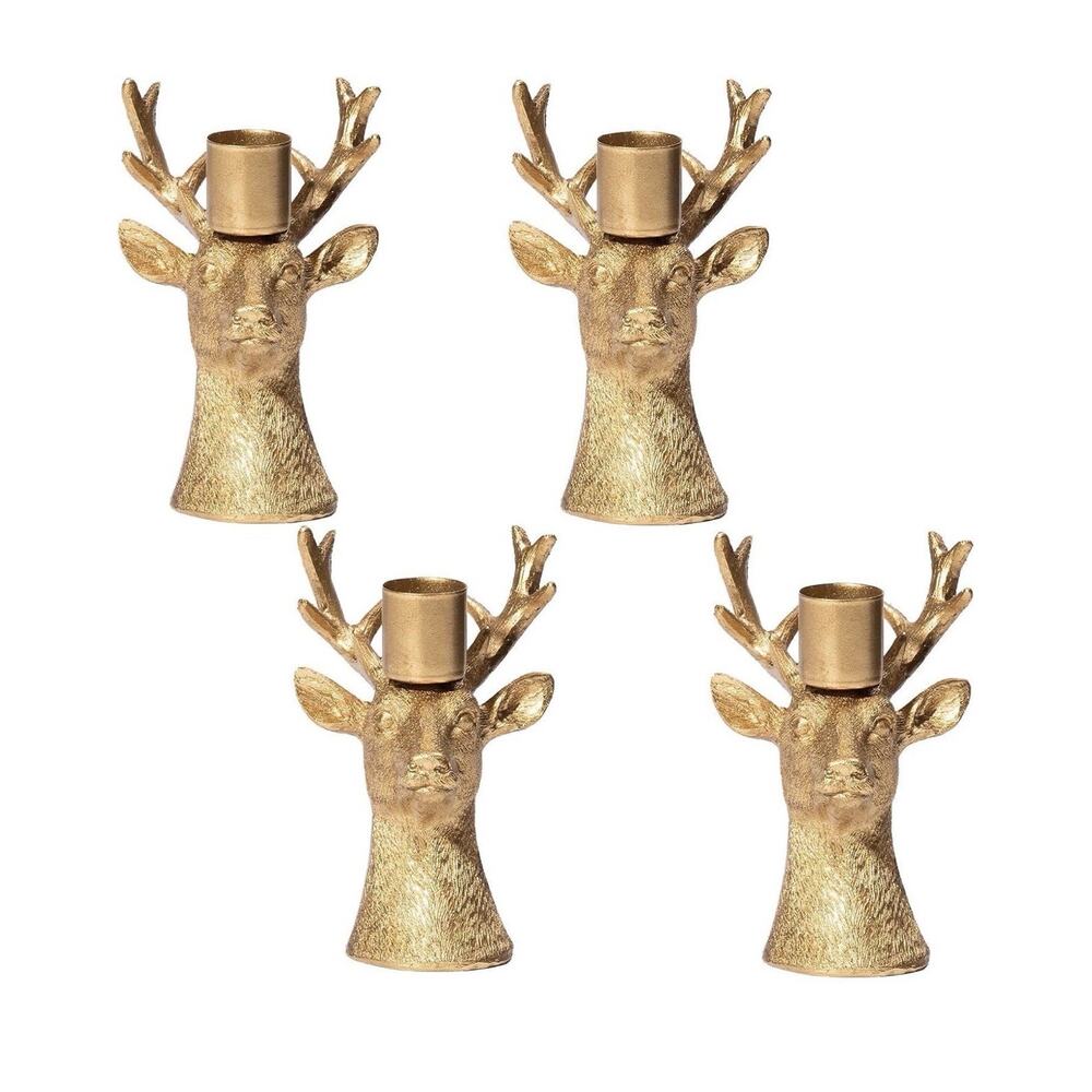 4 Candlestick Holders Vintage Reindeer Candle Holders, Brass Gold Deers 4.7”